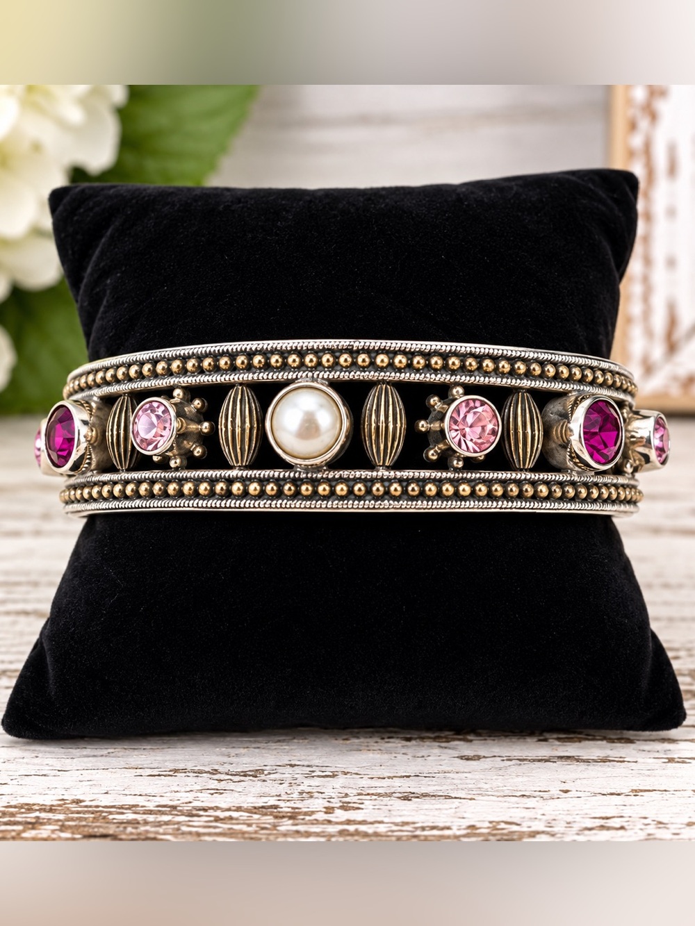 Mars & Valentine Sterling Silver Mixed Gemstone Pearl Bangle Bracelet